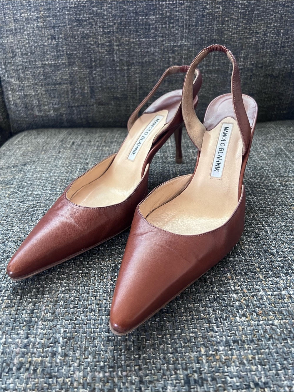 Manolo Blahnik brown leather slingback heels size 38 1/2